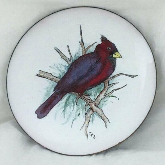 Vintage Red Cardinal Bird Enamel on Copper Plate Christmas Signed TPS Handmade - Picture 1 of 11
